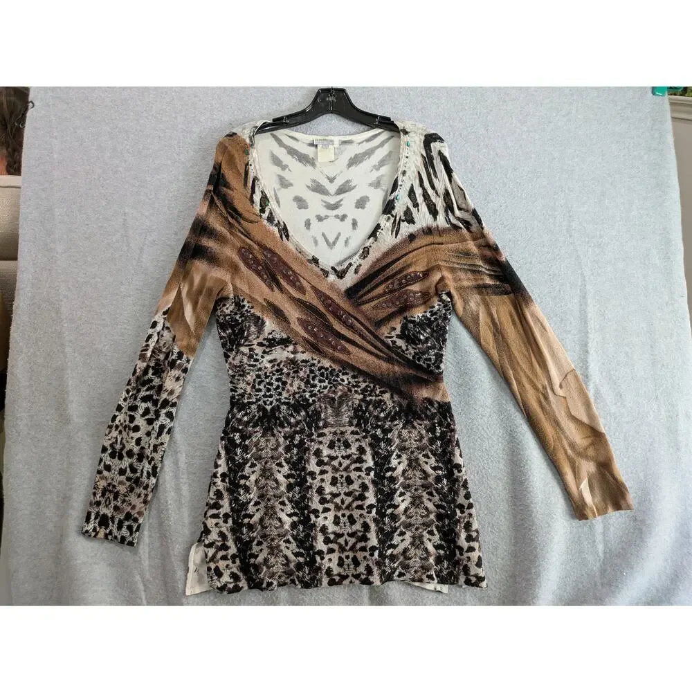 Alberto Makali Animal Print Top Women's Large Beaded Long Sleeves Art Blouse‎